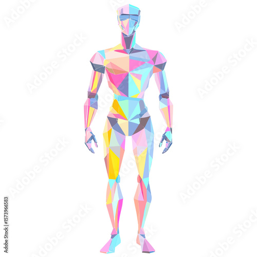 Colorful low poly polygonal humanoid robot figure abstract front view with geometric triangular facets digital art illustration for technology concept