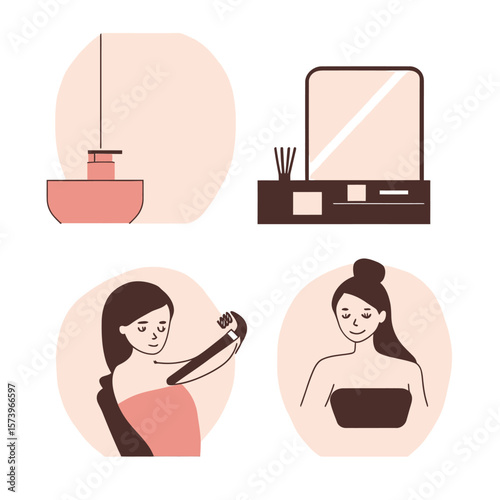 Flat minimalist vector illustration of self care routine with woman applying body lotion and vanity table setup with mirror and fragrance diffuser for skincare beauty concept