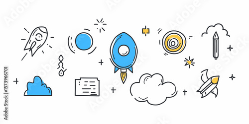 Hand drawn business startup doodle icons including rocket, target, cloud, document, pencil, and concept sketches in minimalist line art style vector illustration