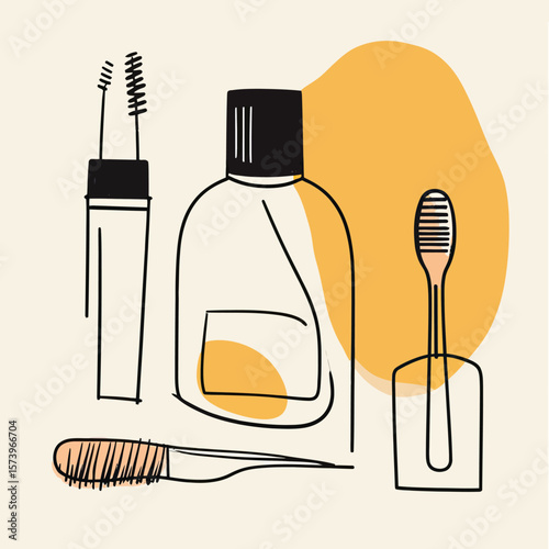 Hand drawn makeup essentials mascara brush cream jar and toothbrush in minimalistic doodle style with abstract shapes for beauty icons and cosmetic designs