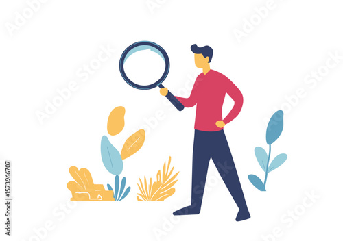Businessman holding large magnifying glass examining abstract colorful leaves and plants flat vector illustration concept of research exploration and discovery