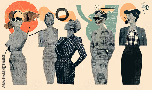 Retro surreal collage of vintage women silhouettes with textured patterns abstract shapes and bold colors in minimalist flat vector style for contemporary art concept
