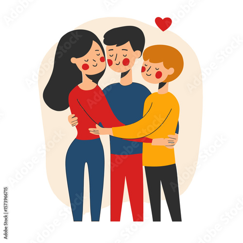 Happy family group hug with parents and child showing love and affection with heart symbol in flat style vector illustration