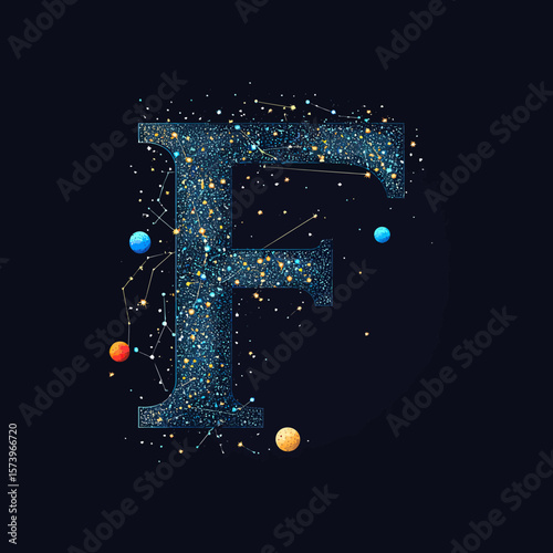 Letter F composed of starry night sky with constellations and colorful planets in abstract space design on dark background vector illustration