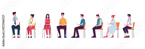 Diverse patients and medical staff sitting on chairs waiting appointment in clinic hallway flat vector illustration healthcare concept