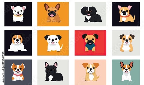 Flat vector illustrations of twelve cute small dog breed icons including French Bulldog, Corgi, Beagle, Dachshund, Shih Tzu, and others on colorful background squares