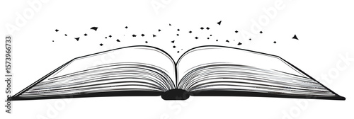 Open book vector illustration with flying pages and particles, black and white flat minimalist outline engraving style, old literature concept, knowledge and education symbol drawing