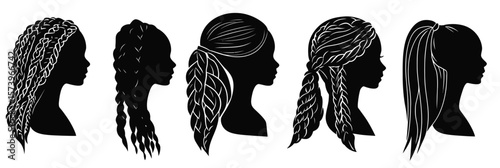 Silhouettes of female heads with various braided and styled hair in flat minimalist vector design for diverse hair fashion concept illustration