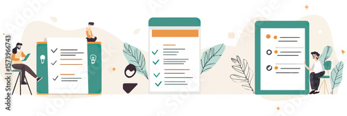 Flat minimalist vector illustration of people interacting with large mobile survey forms and checklists with green and orange accents and decorative leaves background