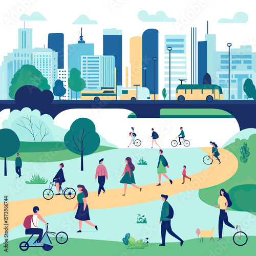 Urban park scene with diverse people walking, cycling, jogging on paths, greenery and city skyline with bus and buildings in background flat vector illustration