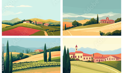 Scenic Tuscany Italy Landscape Posters Set with Rural Houses Rolling Hills Cypress Trees Vineyard Agricultural Fields Blue Sky Vector Illustration