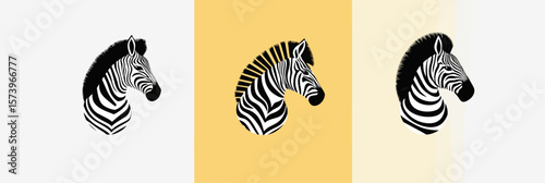 Set of three stylized zebra head icons with black and white stripes in flat minimalist vector design on varied backgrounds suitable for wildlife and safari themes