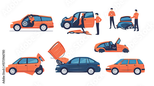 Collection of flat vector illustrations depicting car accident scenes with damaged vehicles, drivers inspecting broken auto parts, and open car doors in minimalist style