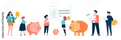 Family budgeting planning with piggy banks and financial management, saving money concept with diverse people calculating income and expenses flat vector illustration