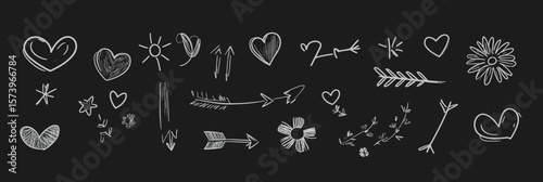 Hand drawn white chalk doodle heart star arrow flower decorative elements collection on blackboard background simple sketch vector illustration