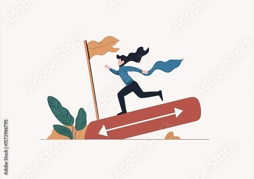 Businesswoman running on progress bar towards success flag with growth concept and career achievement symbol in flat vector style