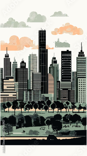 Flat minimalist vector cityscape with diverse modern skyscrapers and urban park foreground under stylized clouds and pastel sky background illustration