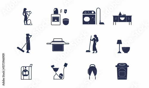 House cleaning service icons set including vacuuming, laundry, mop, washing machine, bathroom cleaning, dusting, schedule, and home appliance vector silhouettes