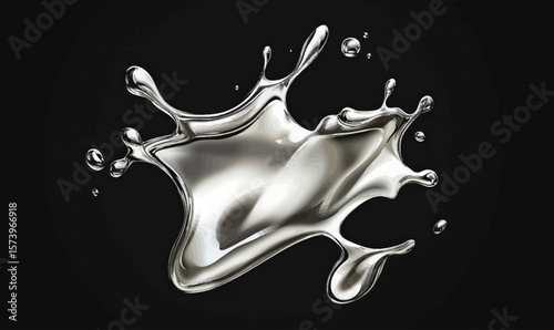 Shiny reflective silver liquid splash with smooth metallic texture isolated on black background vector illustration for abstract design and luxury concept