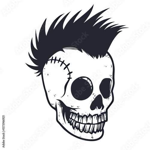 Black and white hand drawn punk skull illustration with spiked mohawk hairstyle and stitched scar on head isolated on white background vector drawing