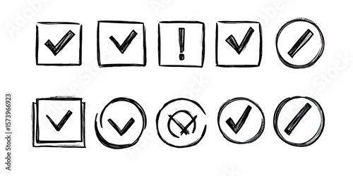 Set of hand drawn check marks and cross marks in squares and circles, sketch style voting icons, confirmation, rejection, error, approval symbols collection in black lines on white background