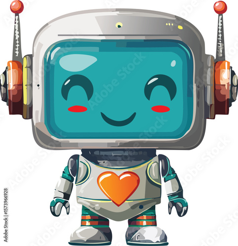 Cute cartoon robot with a heart and halo, chibi style character in bright colors, isolated on white background.