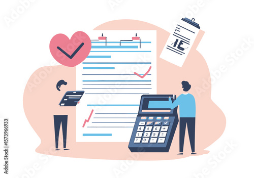 Business people calculating income tax filing with large calculator and tax documents checklist for financial management and payment verification