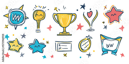 Hand Drawn Award Icons Set with Trophy Cup Medal Certificate Stars Winner Celebration Victory Success Doodle Sketch Flat Minimalist Vector Illustration