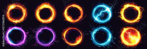 Set of twelve glowing energy circles with effects of fire, lightning, purple electric aura, and blue plasma light on black background in flat minimalist vector style