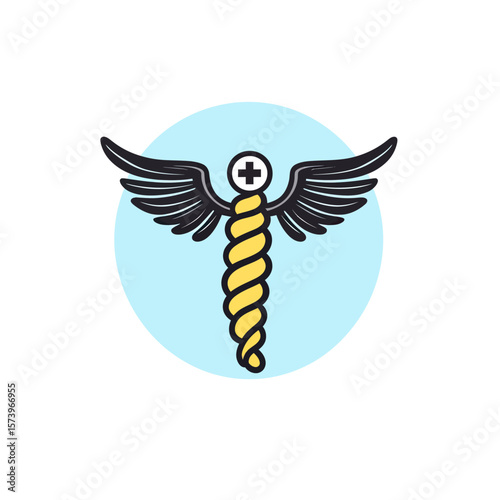 Minimalist caduceus medical symbol with wings and medical cross in flat vector design on blue circle background for healthcare and medicine concepts