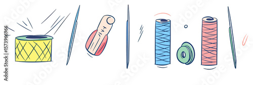 Hand drawn flat minimalist vector illustration of sewing tools including tailor needle, spool of thread, needle case, and tape measure for embroidery and textile craft design