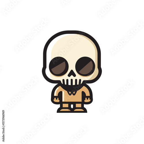 Minimalist cute cartoon skull character mascot icon with large eyes and simple body design in flat vector style for logo or illustration use