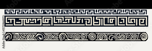 Set of three horizontal ancient Greek and Roman ornamental borders with geometric meander patterns and spiral motifs in flat minimalist vector style