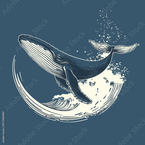 Blue whale breaching ocean wave vintage style illustration with splash and detailed textured skin on dark background vector art