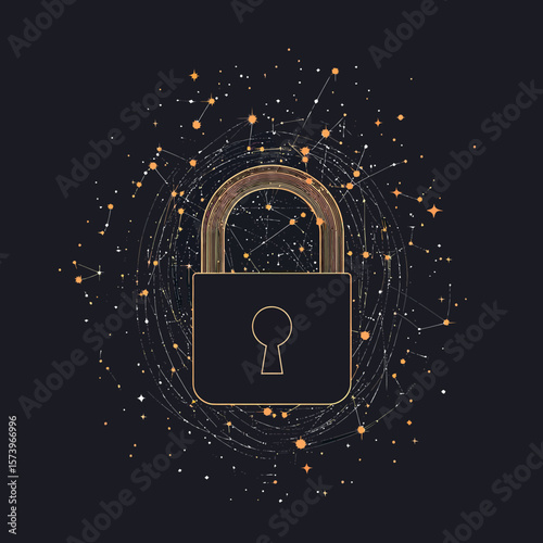 Abstract digital padlock with connected starry sky points and lines network on dark background symbolizing security technology and data protection concept vector illustration