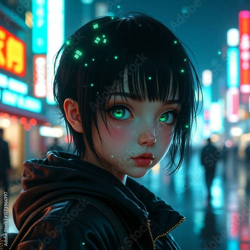 Hyper-realistic portrait of a girl with cyberpunk neon lights, rain reflections, Tokyo at night