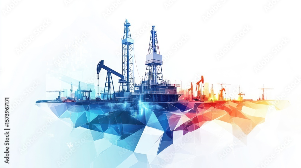 Fototapeta premium Offshore oil rig, platform, energy industry, extraction, technology, geometric background, digital art, website banner