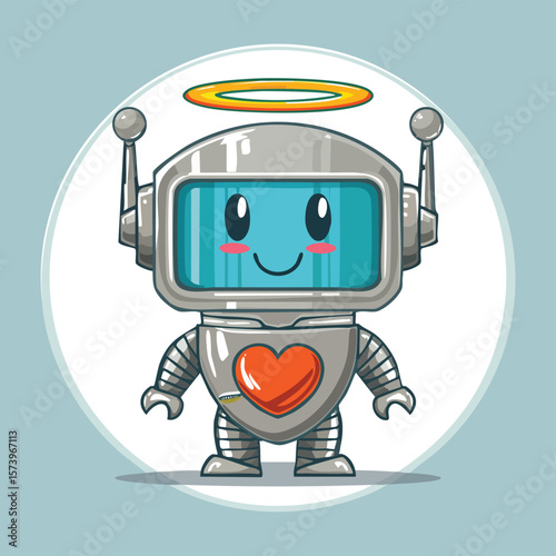 Cute cartoon robot with a heart and halo, chibi style character in bright colors, isolated on white background.