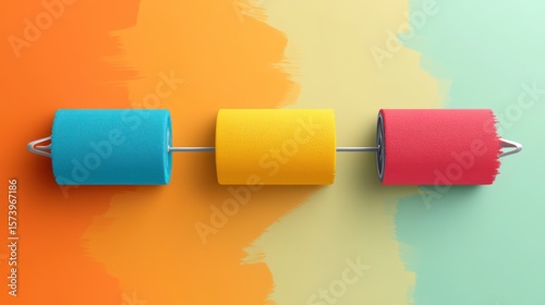Colorful paint rollers on rod, abstract background, DIY project