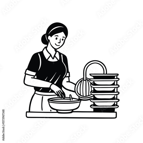 Woman washing dishes at sink cleaning domestic