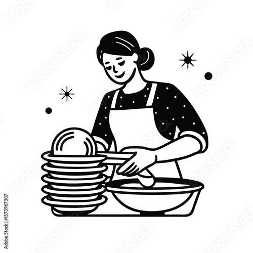 Woman washing dishes with sparkle black and white line art