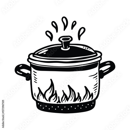 Black and white cooking pot with flames line art icon