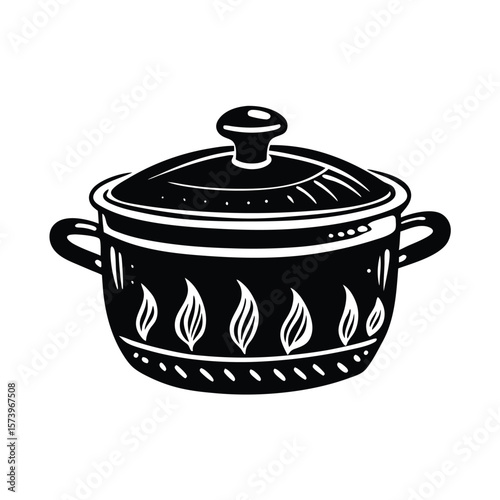 Black and white cooking pot with flame design line art