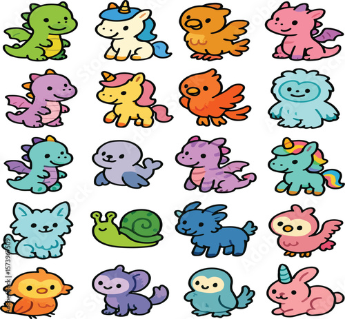 A funny vector cartoon set of cute baby animals, including an elephant, dog, lion, cat.