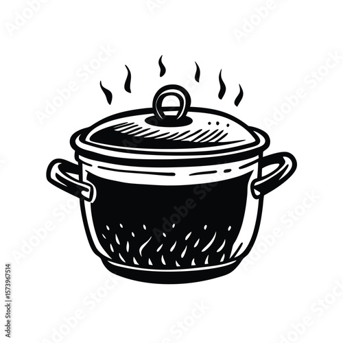 Black and white cooking pot with steam line art icon