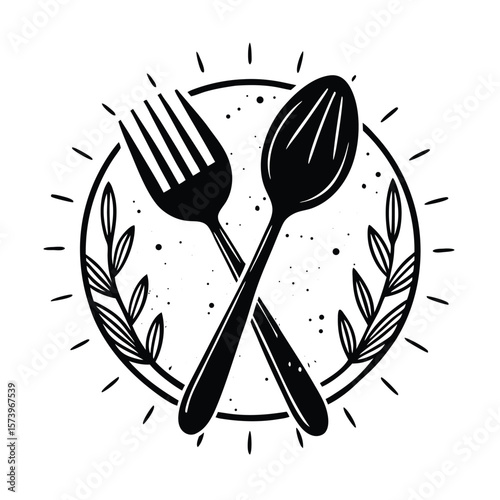 Black and white crossed fork and spoon emblem vector