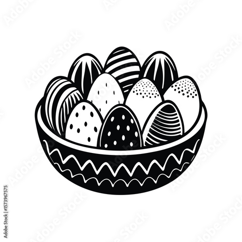 Black and white decorated eggs in a bowl decorative