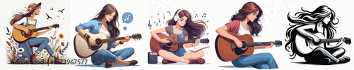 vector image of a young woman playing the guitar on a white background