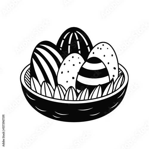 Black and white decorated eggs in basket line art illustration