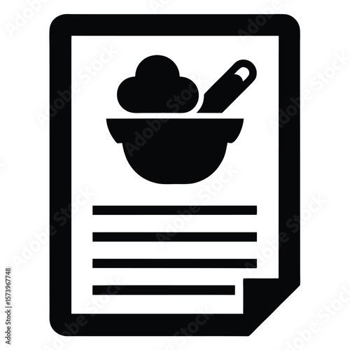 Black and white icon of recipe with bowl and mortar